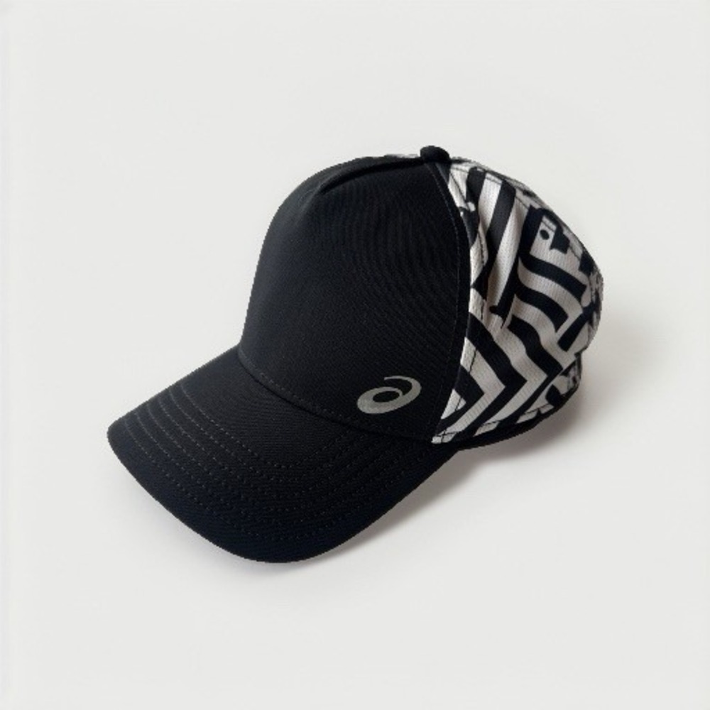 ASICS Performance Running Cap Limited Edition Hat Black White Geometric Mesh OS